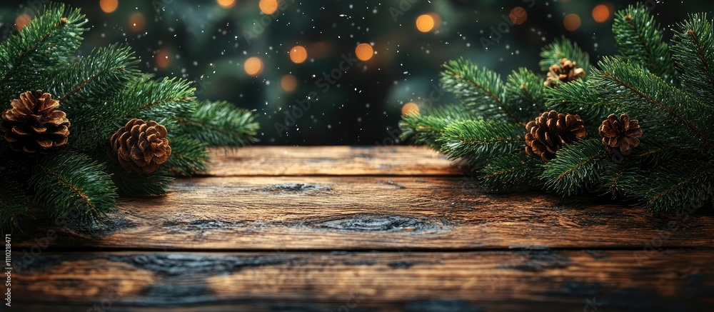 Poster spruce branches and pine cones on rustic wooden surface with soft bokeh lights creating a festive wi
