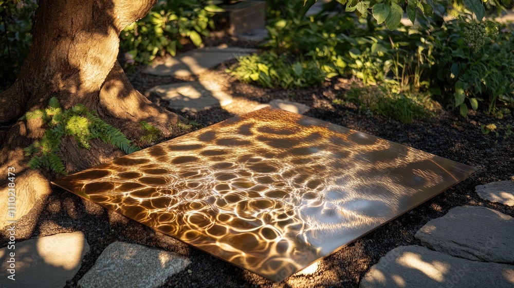 Poster reflective metal sheet textured surface under sunlight surrounded by greenery and stones in a serene