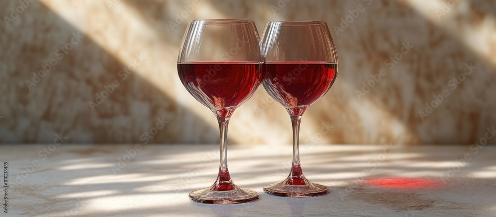 Poster elegant red wine in crystal goblets with soft light casting shadows on a textured background, perfec