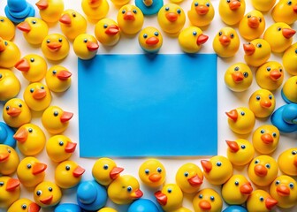 Blank Blue Sheet Stencil Surrounded by Bright Yellow Rubber Duckies on a White Background for Creative and Fun Photography Projects