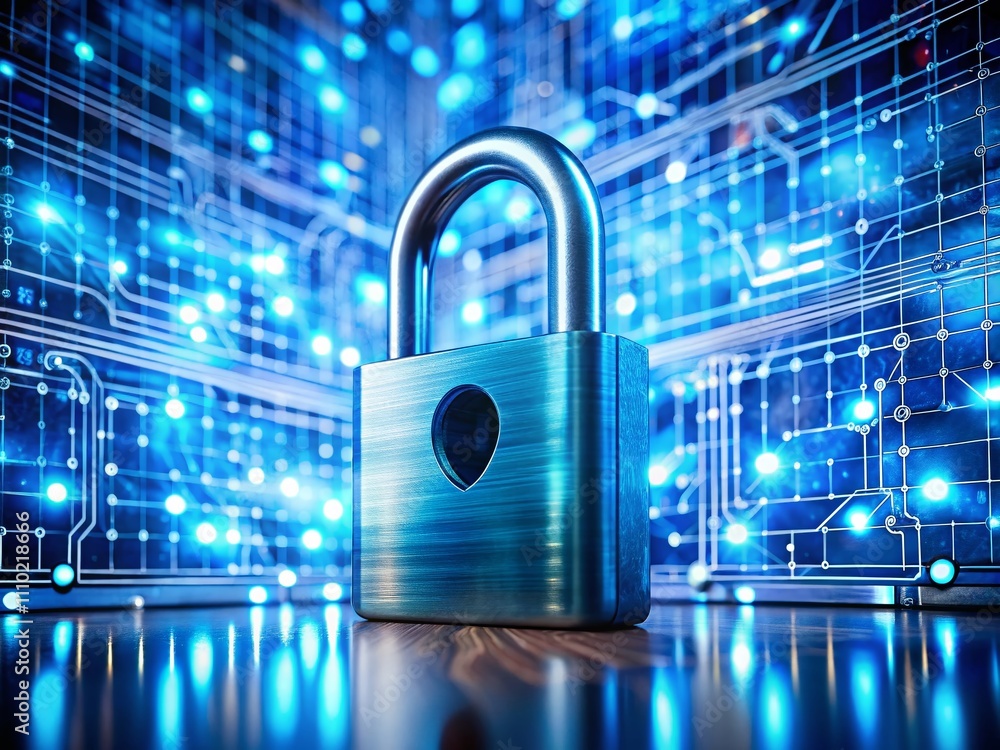 Poster blue padlock button representing security concept for digital safety and data protection, emphasizin