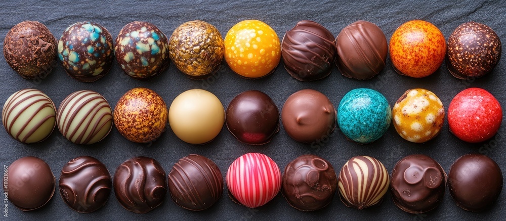Poster assorted gourmet chocolate bonbons in a variety of flavors and textures arranged neatly on a dark ba