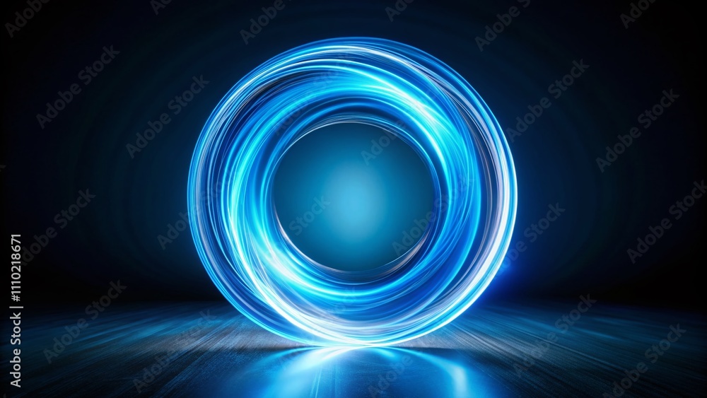 Poster blue swirling ring of light in dark void, futuristic technology portal with soft glows, ideal for sc