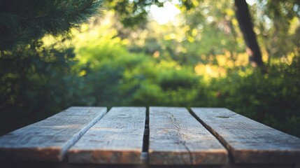 Beautiful natural spring summer background with green foliage sunlight and empty wooden table for outdoor dining or relaxation ideas