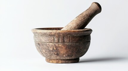 Wooden mortar and pestle on a white background, highlighting the texture and craftsmanship of the timber, kitchenware, culinary tools, rustic decor, minimalist design.