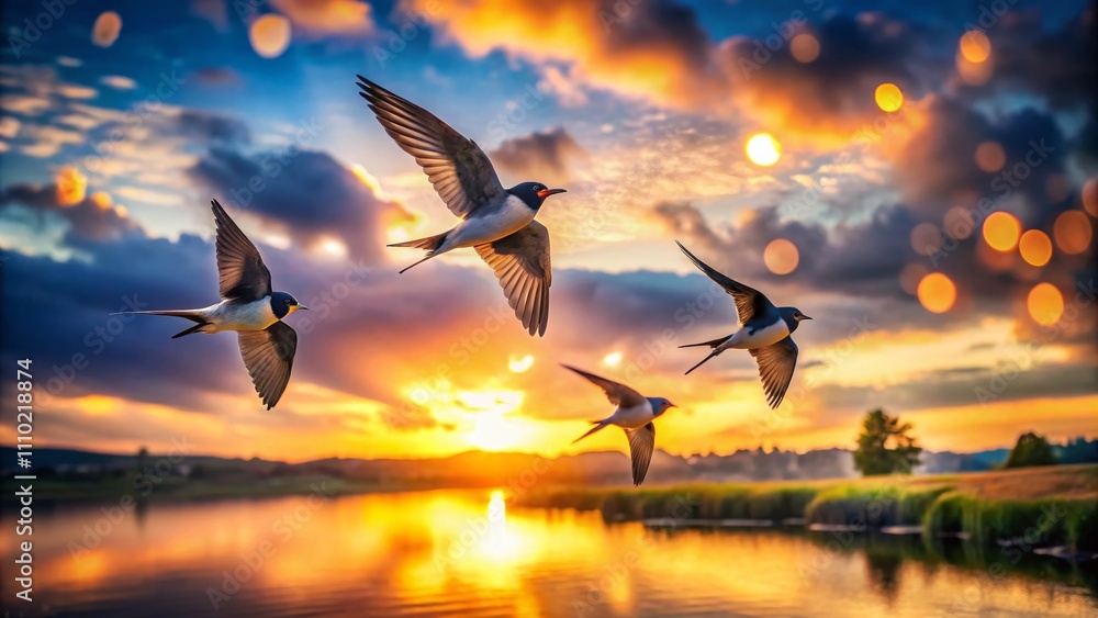 Aufkleber bokeh effect capturing the graceful flight of swallows in a serene sky at sunset with soft light and