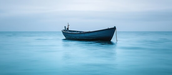 Fototapeta premium Serene coastal landscape with a lonely boat floating on the tranquil waters of the Black Sea under a soft blue sky