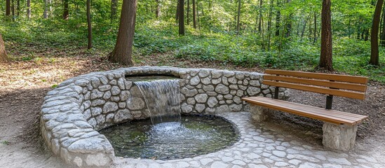 Serene stone seating area with a gentle waterfall surrounded by lush forest greenery in a tranquil provincial setting