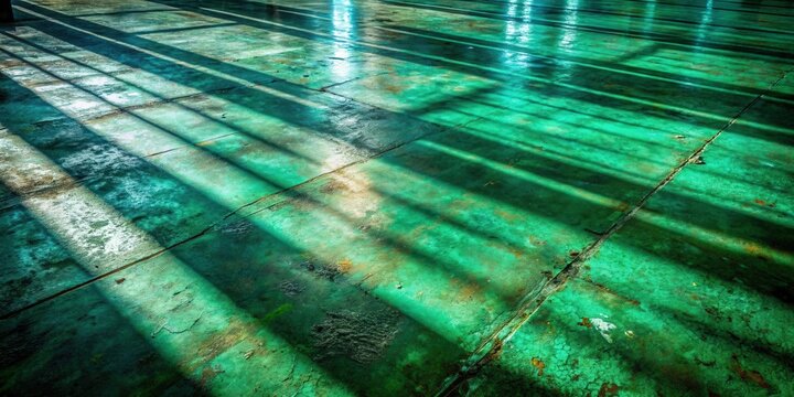 Sunbeams illuminate a textured green floor, casting long, parallel shadows that stretch across the surface.