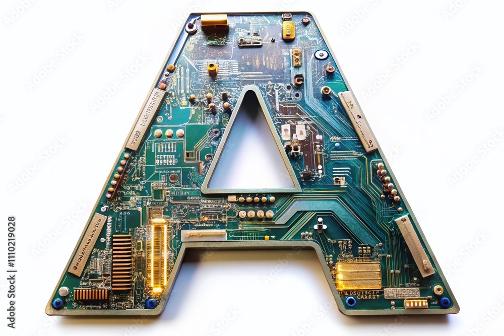 Poster bold letter a embellished with intricate circuits and digital patterns symbolizing technology and in