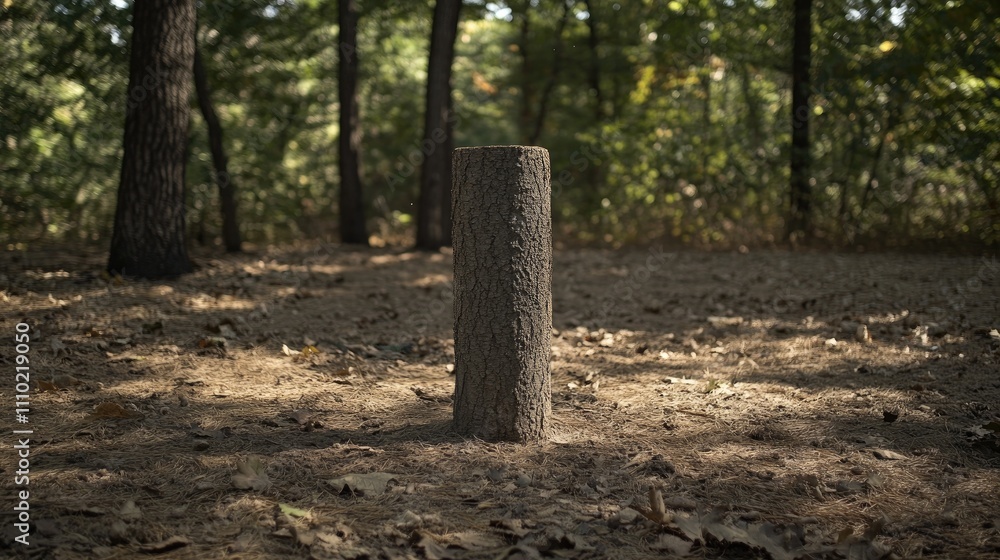 Poster Cutting a weathered pine tree trunk in a serene forest setting surrounded by scattered leaves and greenery on a sunny day