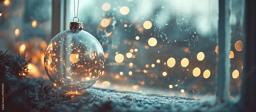 Poster cozy winter evening scene with illuminated christmas ornament and soft bokeh lights through a froste