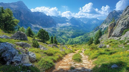 Obraz premium Breathtaking panoramic viewpoint of lush mountain scenery, featuring a winding path through vibrant green meadows and towering peaks under a clear blue sky, nature, travel, adventure.