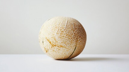 Ripe winter melon fruit with textured skin placed on a clean white surface, emphasizing its natural patterns and form, food photography, healthy eating, organic produce.