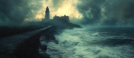 Fototapeta premium Mysterious coastal landscape with lighthouse amid dramatic stormy skies and turbulent waves illuminating twilight atmosphere