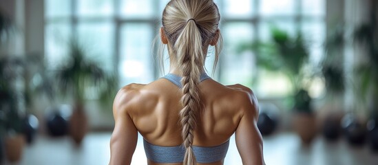Fit female bodybuilder showcasing strong back muscles in a well-lit modern gym environment focused on strength and fitness.