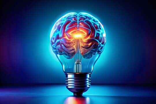 Brain Lightbulb Illuminating Innovative Ideas on a Neon Blue Background for Creative Business Concepts and AI Thinking