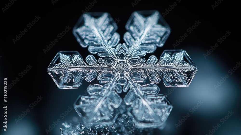 Poster macro close-up of a snowflake showcasing intricate hexagonal patterns and glossy texture against a s