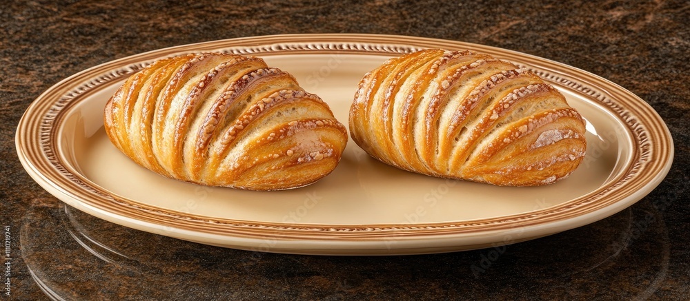 Aufkleber Artisan bread rolls displayed on an elegant dish showcasing texture and color in a rustic kitchen setting. Perfect for culinary themes.