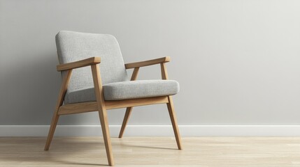 Modern grey upholstered chair with wooden legs in stylish minimalist living room interior design setting
