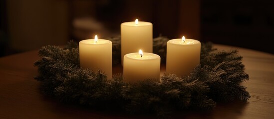 Elegant candlelit wreath arrangement on a wooden table creating a warm and inviting atmosphere for celebrations and gatherings