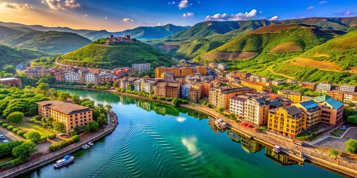 Breathtaking Aerial View of Lavasa City Surrounded by Lush Green Hills and Serene Waterways with Clear Blue Skies Ideal for Travel and Nature Enthusiasts