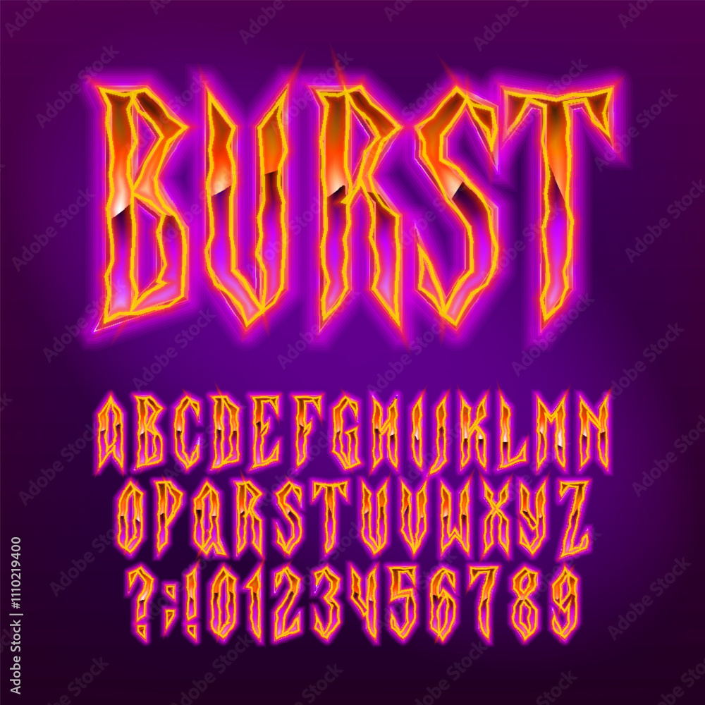 Poster burst alphabet font. glowing neon letters and numbers in heavy metal style. retro typescript for you
