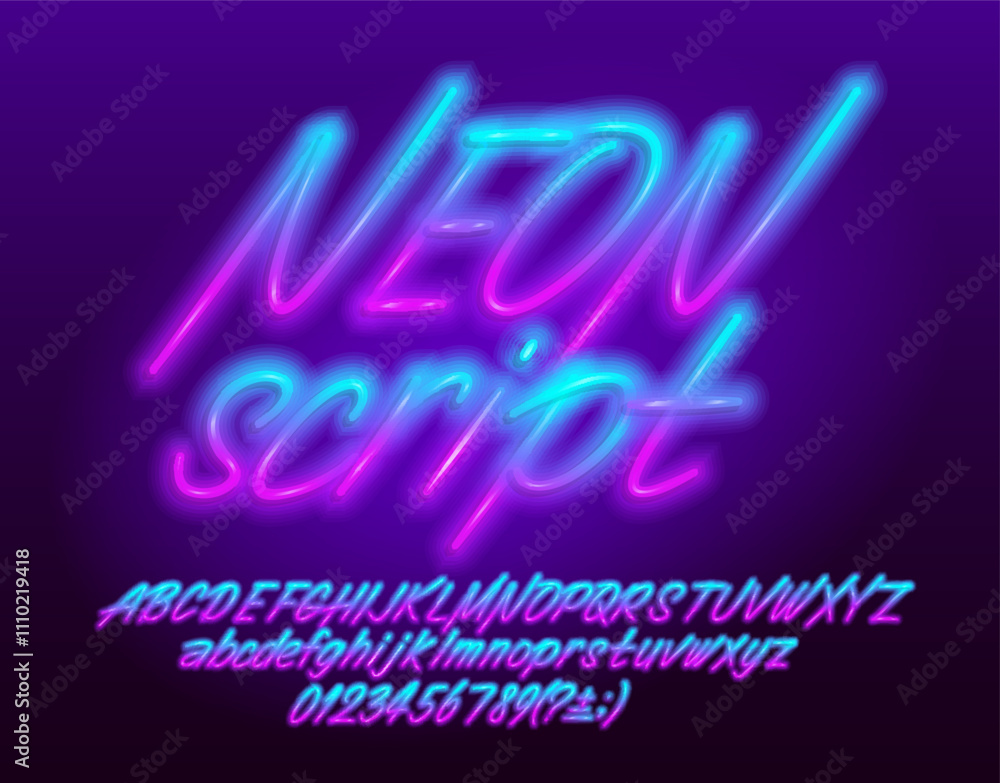 Poster neon script alphabet font. glowing neon letters and numbers. uppercase and lowercase. stock vector t