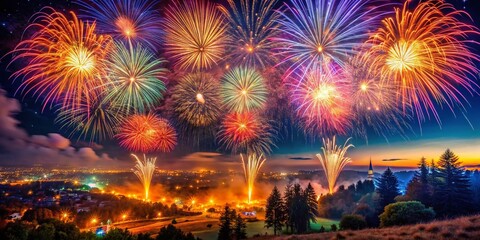 Naklejka premium Breathtaking Firework Explosion Display with Intricate Patterns and Vibrant Colors Lighting Up the Night Sky, Capturing the Essence of Celebration and Joyful Festivities