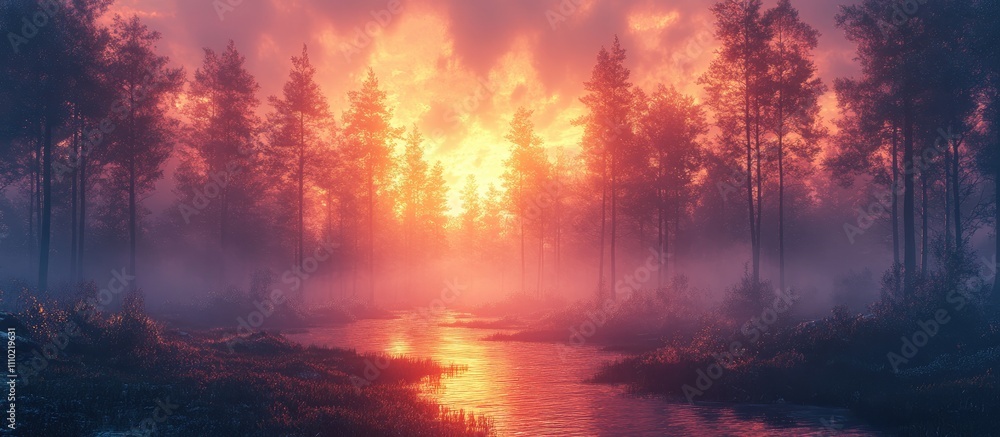 Poster misty forest sunset with vibrant colors reflecting on still water creating a serene and enchanting a
