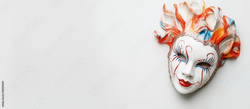 Poster Colorful carnival mask with elaborate design on a white background ideal for festive themes and creative projects with ample copy space