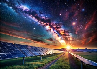 Breathtaking Long Exposure 3D Rendering of Solar Panels Under a Starry Night Sky with Blurred Motion Effects, Showcasing Renewable Energy Innovation and Modern Technology