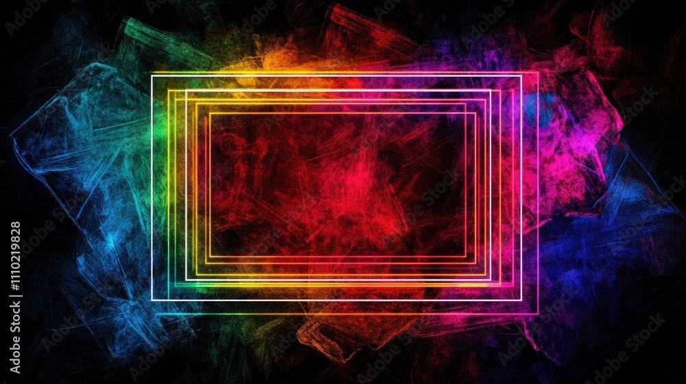 Poster colorful abstract background with glowing rectangular frame.