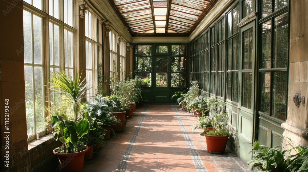 Aufkleber elegant greenhouse corridor with natural light and potted plants creating a serene botanical atmosph