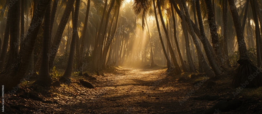 Poster serene forest path illuminated by sunbeams filtering through coconut trees creating a tranquil and w