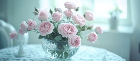 Soft pink roses elegantly arranged in a glass vase on delicate blue lace in a serene and romantic indoor setting