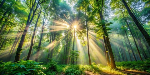 Breathtaking Panoramic View of Sunbeams Filtering Through a Lush, Verdant Forest, Creating a Magical Atmosphere of Nature's Beauty and Serenity in the Early Morning Light