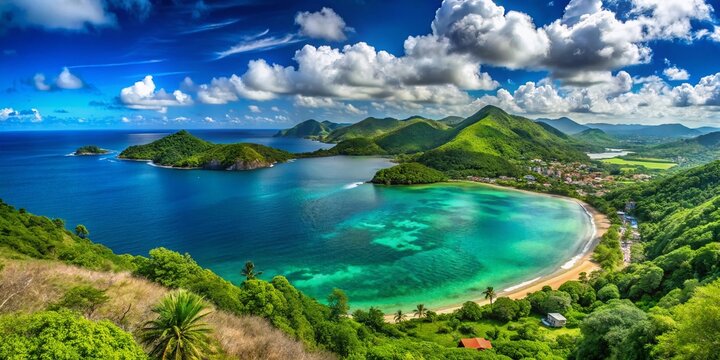 Breathtaking Panoramic View of Tucacas Coastal Landscape with Vibrant Blue Waters and Lush Green Hills Capturing the Natural Beauty of Venezuela's Scenic Shoreline