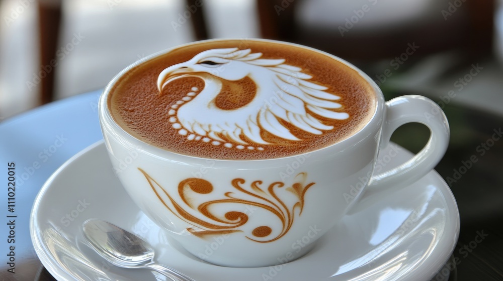 Aufkleber intricate latte art featuring a phoenix design on a creamy coffee surface in an elegant cup on a tab