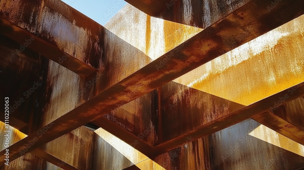 Poster rusty steel beams creating an industrial abstract pattern with sunlight illuminating the textures an