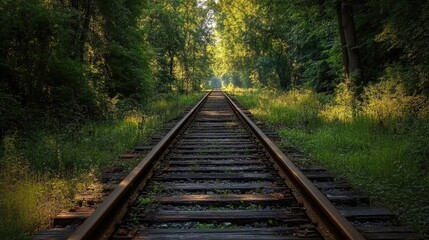 Fototapeta premium Abandoned overgrown railroad tracks surrounded by lush greenery and dappled sunlight showcasing nature reclaiming old infrastructure