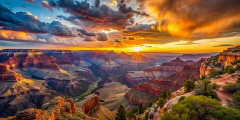 Breathtaking Sunset Over the Grand Canyon with Vibrant Colors Reflecting on the Rock Formations and Dramatic Skies, Capturing Nature's Majesty and Serenity in Arizona's Iconic Landscape