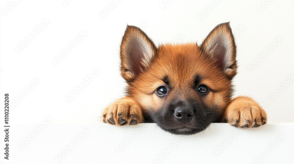 Aufkleber Adorable puppy with fluffy fur resting its paws on a white surface looking curiously into the camera in a clean and minimalist setting