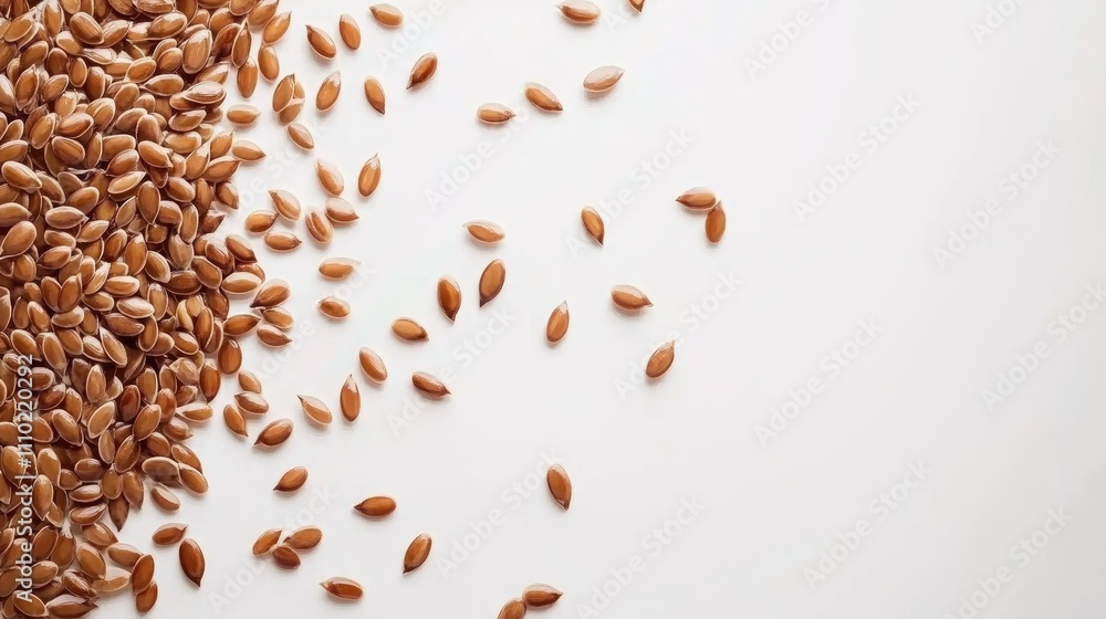 Poster flax seeds scattered on a white background showcasing their rich brown color and unique oval shape f