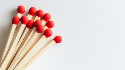 Red-tipped wooden safety matches arranged on a clean, isolated white background, highlighting their vibrant heads and wooden sticks, still life, kitchen tools, fire-starting essentials.