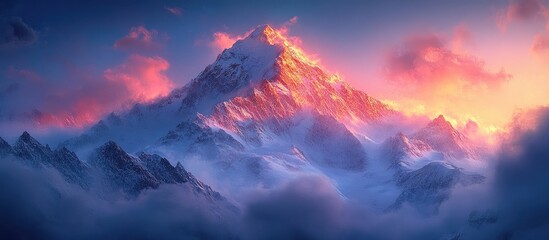 Majestic snow-covered mountain peak basking in soft light amidst clouds and a vibrant sunset glow showcasing nature's grandeur and beauty