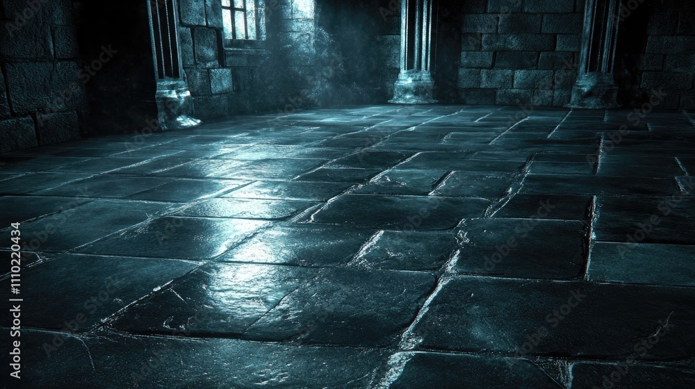 Poster dark stone floor with textured surface illuminated by soft light creating a dramatic atmosphere in a