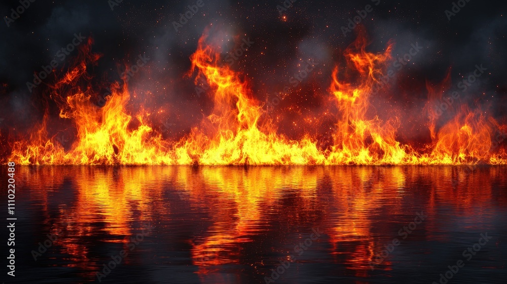 Poster vibrant fire flames creating a dramatic background with captivating reflections on a dark tranquil s