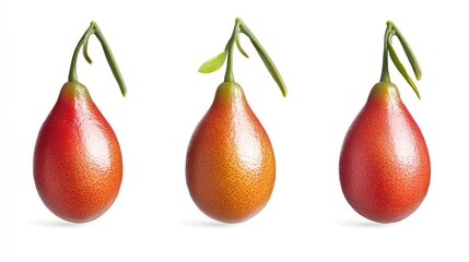 Three ripe kumquats displayed individually on a clean white background highlighting their vibrant colors and unique textures.