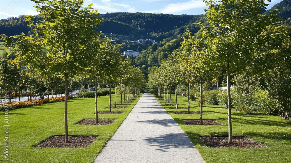 Poster tranquil park pathway with lush greenery and aligned trees in a serene landscape surrounded by hills